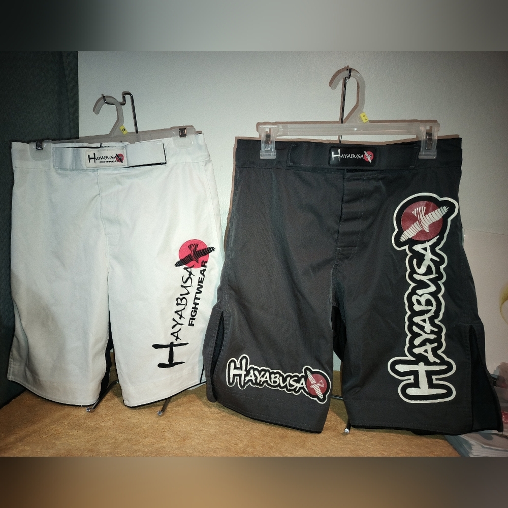 SOLD Hayabusa Fightware Shorts Gray and White, Kickboxing Jiu Jitsu Set of 2 30.